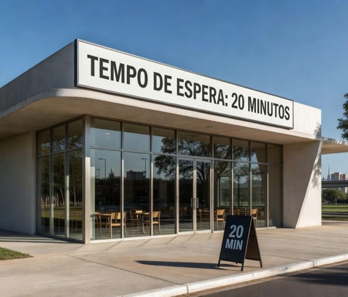 Fachada de restaurante comunitário no Distrito Federal com sinal de fila reduzida para 20 minutos.
