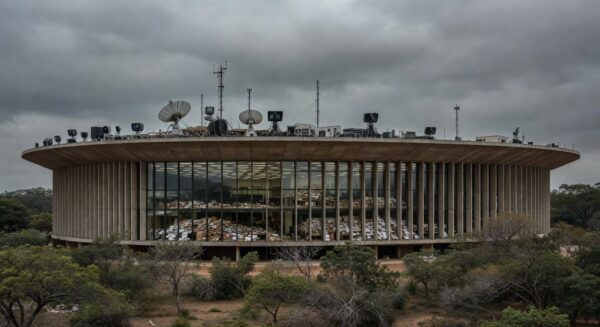 Edifício da CLDF em Brasília com equipamentos de transmissão, expondo ineficiências legislativas no DF.