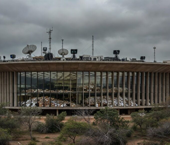 Edifício da CLDF em Brasília com equipamentos de transmissão, expondo ineficiências legislativas no DF.