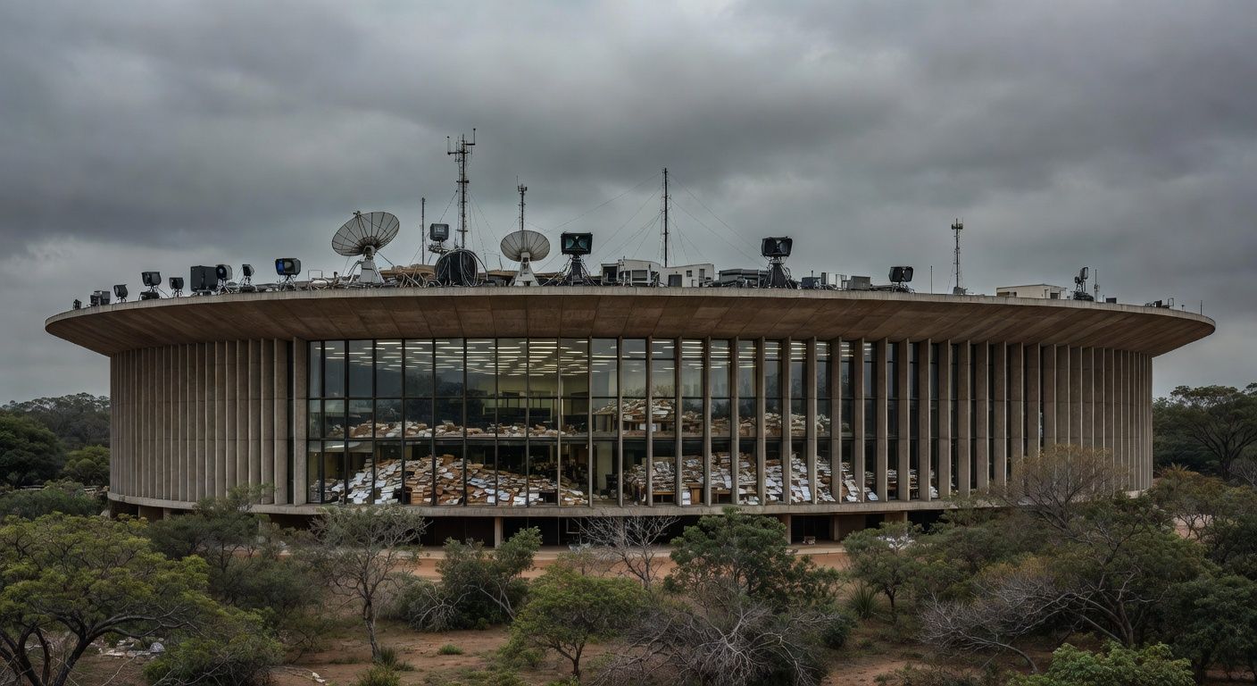 Edifício da CLDF em Brasília com equipamentos de transmissão, expondo ineficiências legislativas no DF.