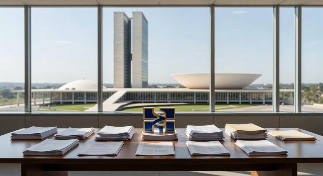 Edifício governamental em Brasília com documentos de projeto de lei para empréstimo de R$ 6,6 bilhões ao BRB.