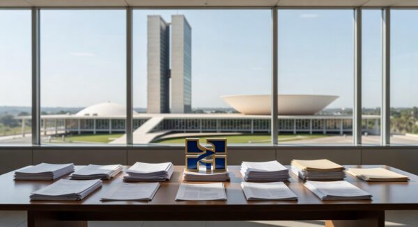 Edifício governamental em Brasília com documentos de projeto de lei para empréstimo de R$ 6,6 bilhões ao BRB.