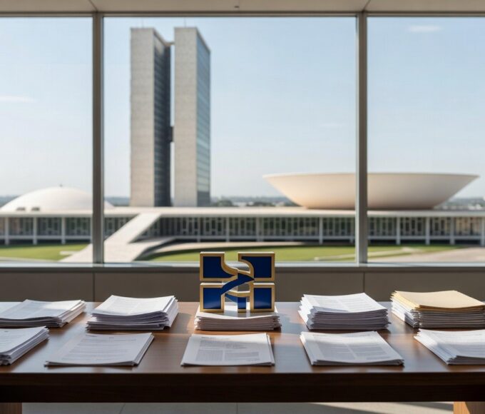Edifício governamental em Brasília com documentos de projeto de lei para empréstimo de R$ 6,6 bilhões ao BRB.