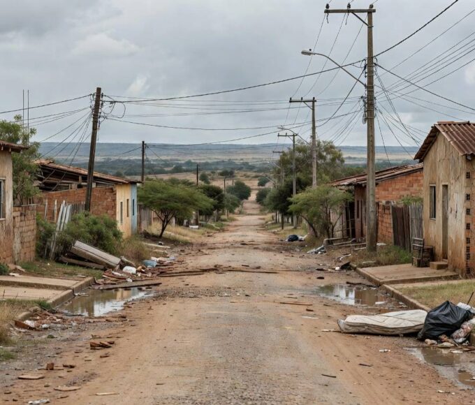 Rua com casas precárias no Recanto das Emas, expondo falhas no combate ao déficit habitacional no DF.