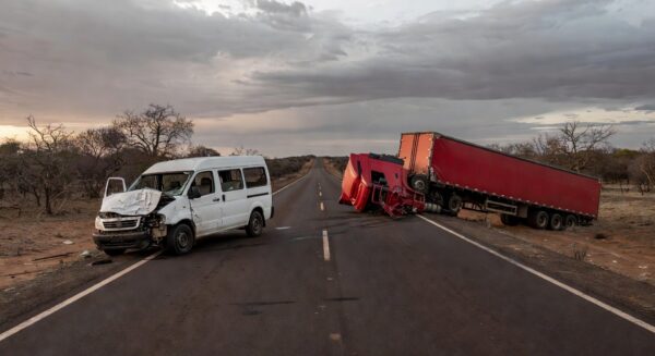 Colisão entre van e carreta na BR-020, veículos danificados na rodovia entre Planaltina e Formosa, com paisagem de cerrado.