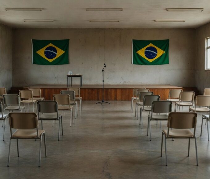 Sala de conferência no Recanto das Emas com cadeiras e palco para debate sobre Cartão Prato Cheio organizado pela Sedes-DF.