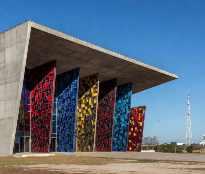 Igreja moderna em Brasília representando o programa Igreja Legal do GDF, com entrega de escrituras a entidades religiosas.