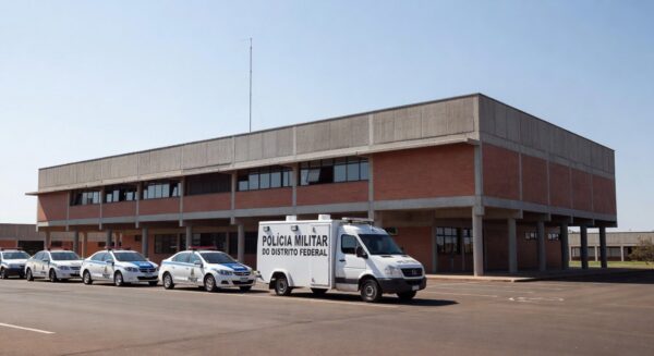Viaturas da Polícia Militar do DF em frente a escola em Brasília, representando afastamento de agentes.