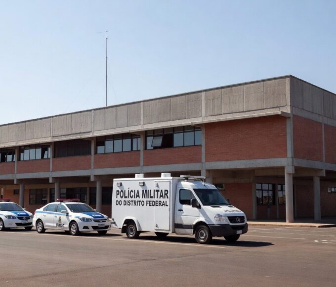 Viaturas da Polícia Militar do DF em frente a escola em Brasília, representando afastamento de agentes.