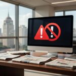 Banca de jornal abandonada com jornais em branco em rua de São Paulo, simbolizando colapso no jornalismo em 2026.