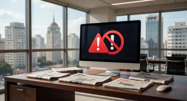 Banca de jornal abandonada com jornais em branco em rua de São Paulo, simbolizando colapso no jornalismo em 2026.