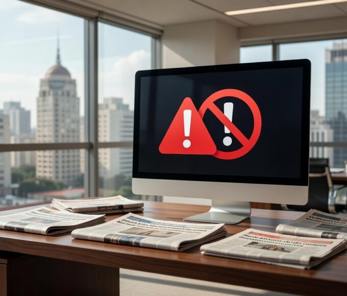 Banca de jornal abandonada com jornais em branco em rua de São Paulo, simbolizando colapso no jornalismo em 2026.