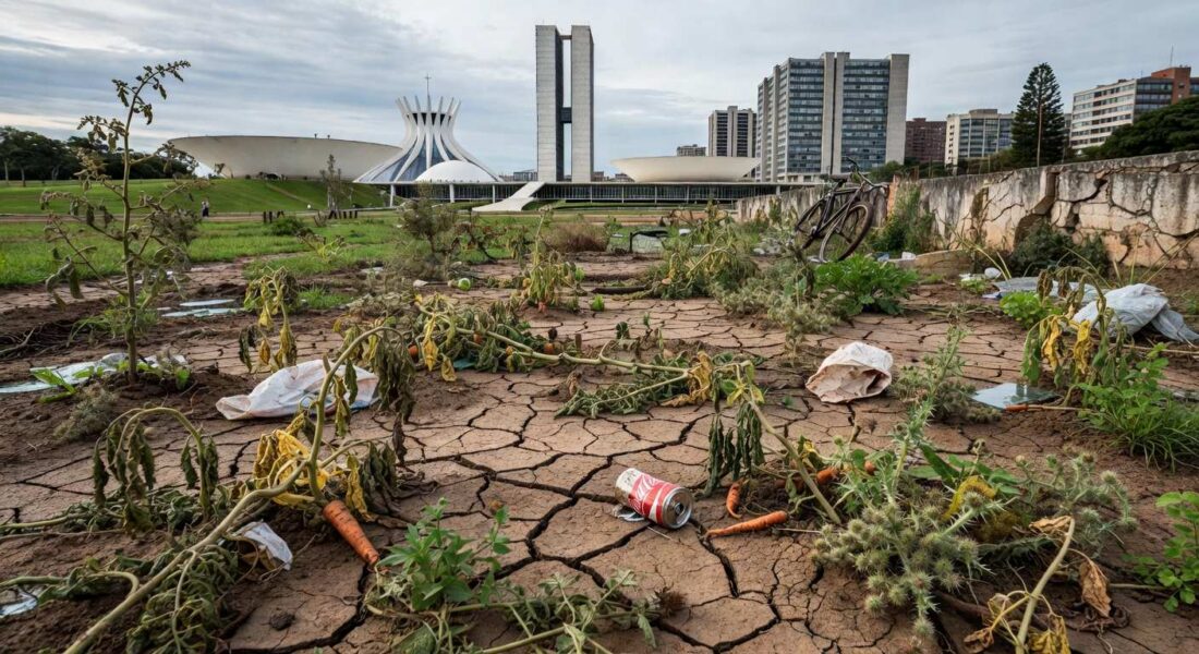 Horta urbana negligenciada no Distrito Federal, com plantas murchas e solo seco em Brasília.