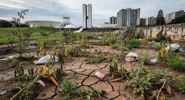 Horta urbana negligenciada no Distrito Federal, com plantas murchas e solo seco em Brasília.