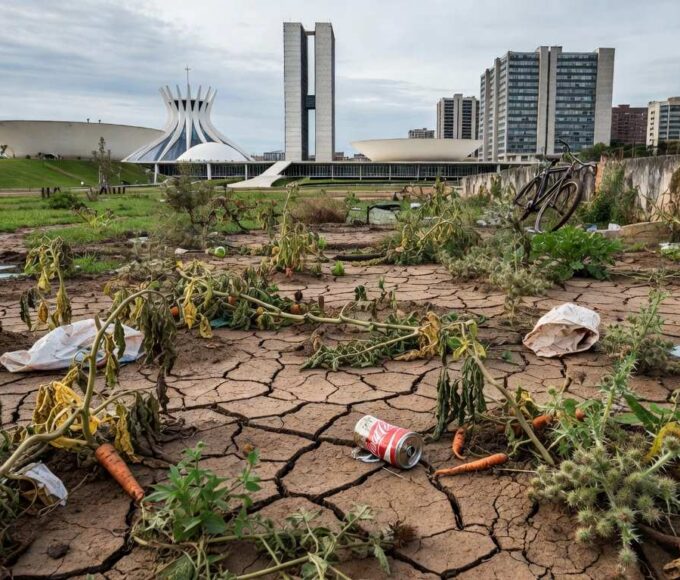 Horta urbana negligenciada no Distrito Federal, com plantas murchas e solo seco em Brasília.