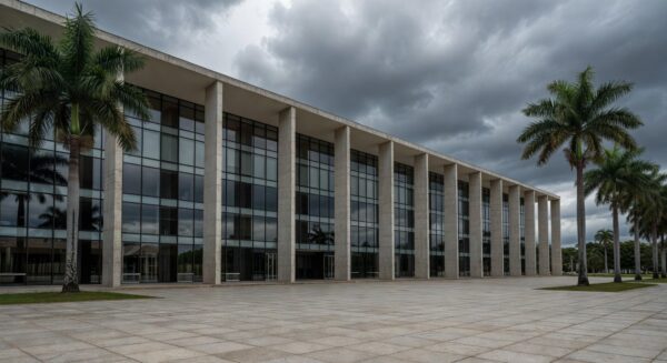 Fachada da Câmara Legislativa do DF em Brasília, com céu nublado, representando debate sobre atrasos na luta contra supremacismo.