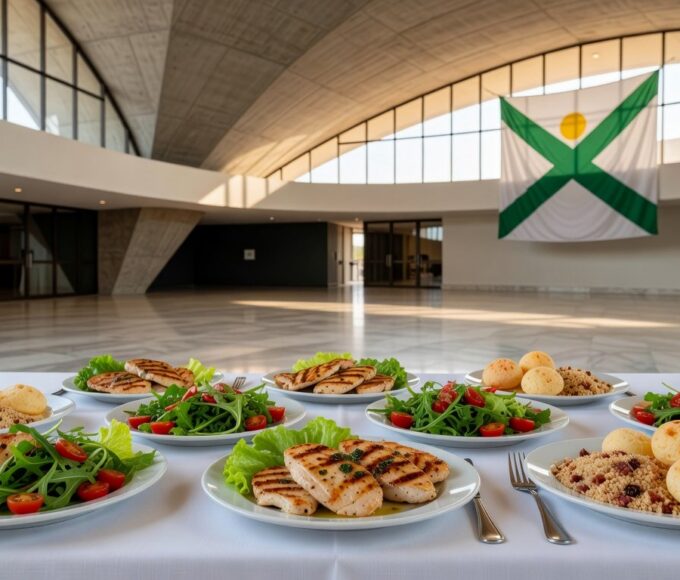Mesa de almoço com pratos de frango em evento de avicultores no DF, homenageando governador.