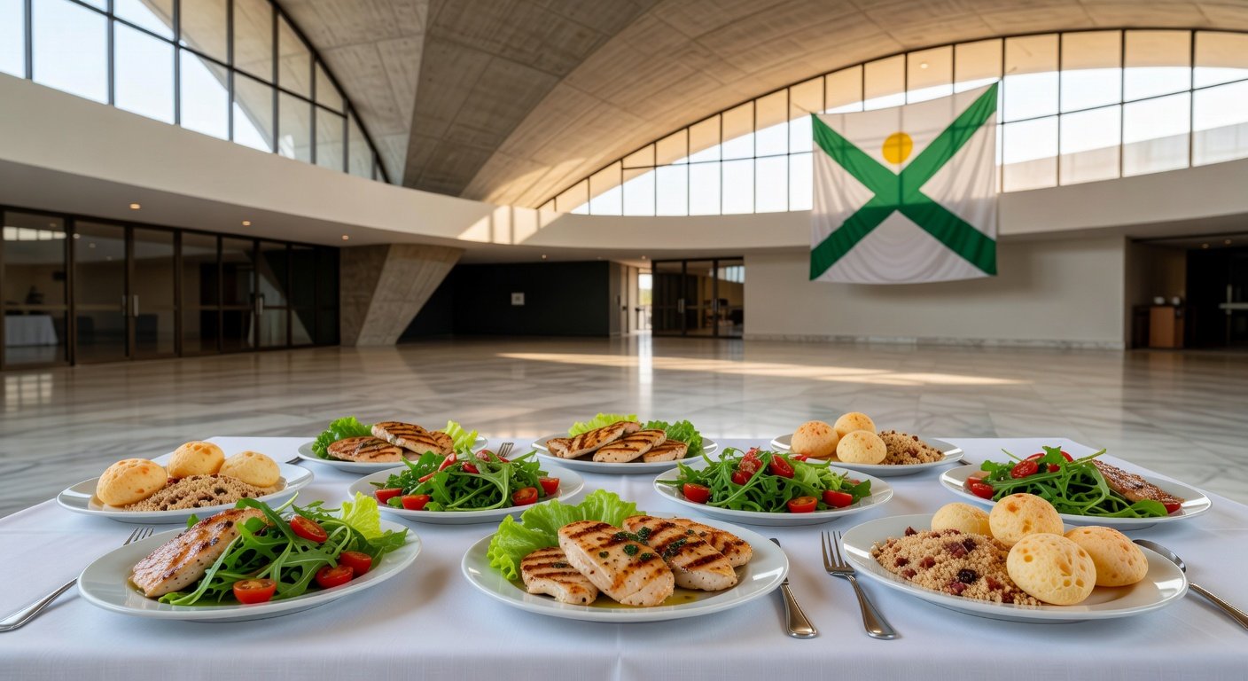 Mesa de almoço com pratos de frango em evento de avicultores no DF, homenageando governador.
