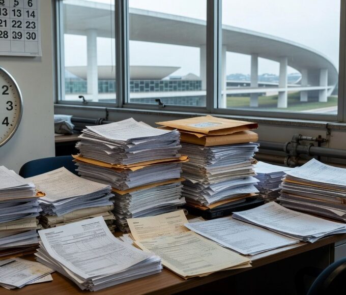 Edifícios da Caesb e Adasa em Brasília com pilhas de documentos burocráticos, representando críticas por inscrições no conselho de consumidores.