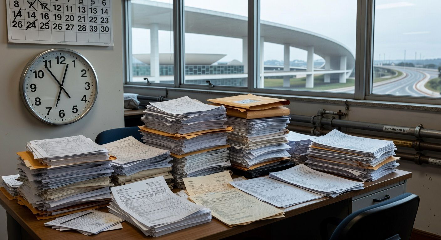 Edifícios da Caesb e Adasa em Brasília com pilhas de documentos burocráticos, representando críticas por inscrições no conselho de consumidores.