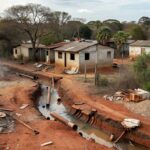 Infraestrutura de saneamento deficiente em Brasília, com tubulações expostas e poças de água suja em rua residencial.