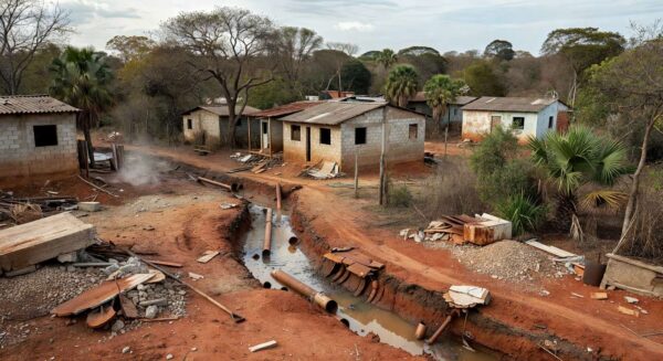Infraestrutura de saneamento deficiente em Brasília, com tubulações expostas e poças de água suja em rua residencial.