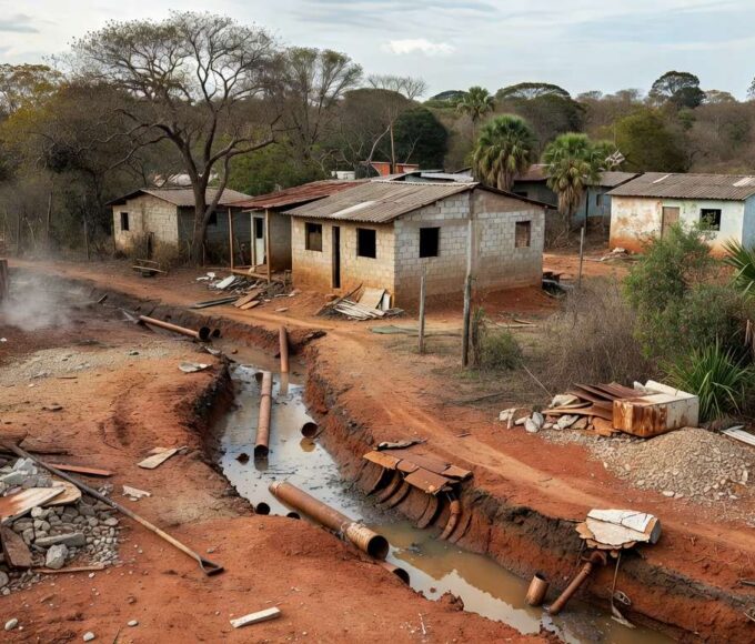 Infraestrutura de saneamento deficiente em Brasília, com tubulações expostas e poças de água suja em rua residencial.
