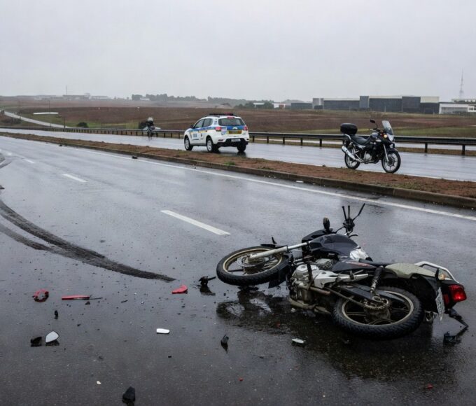 Cena de acidente de moto na rodovia Epia no DF, com motocicleta caída e viaturas de emergência, representando tragédia familiar.