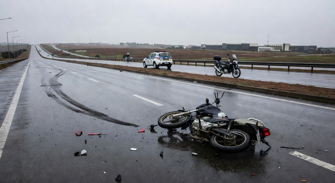 Cena de acidente de moto na rodovia Epia no DF, com motocicleta caída e viaturas de emergência, representando tragédia familiar.