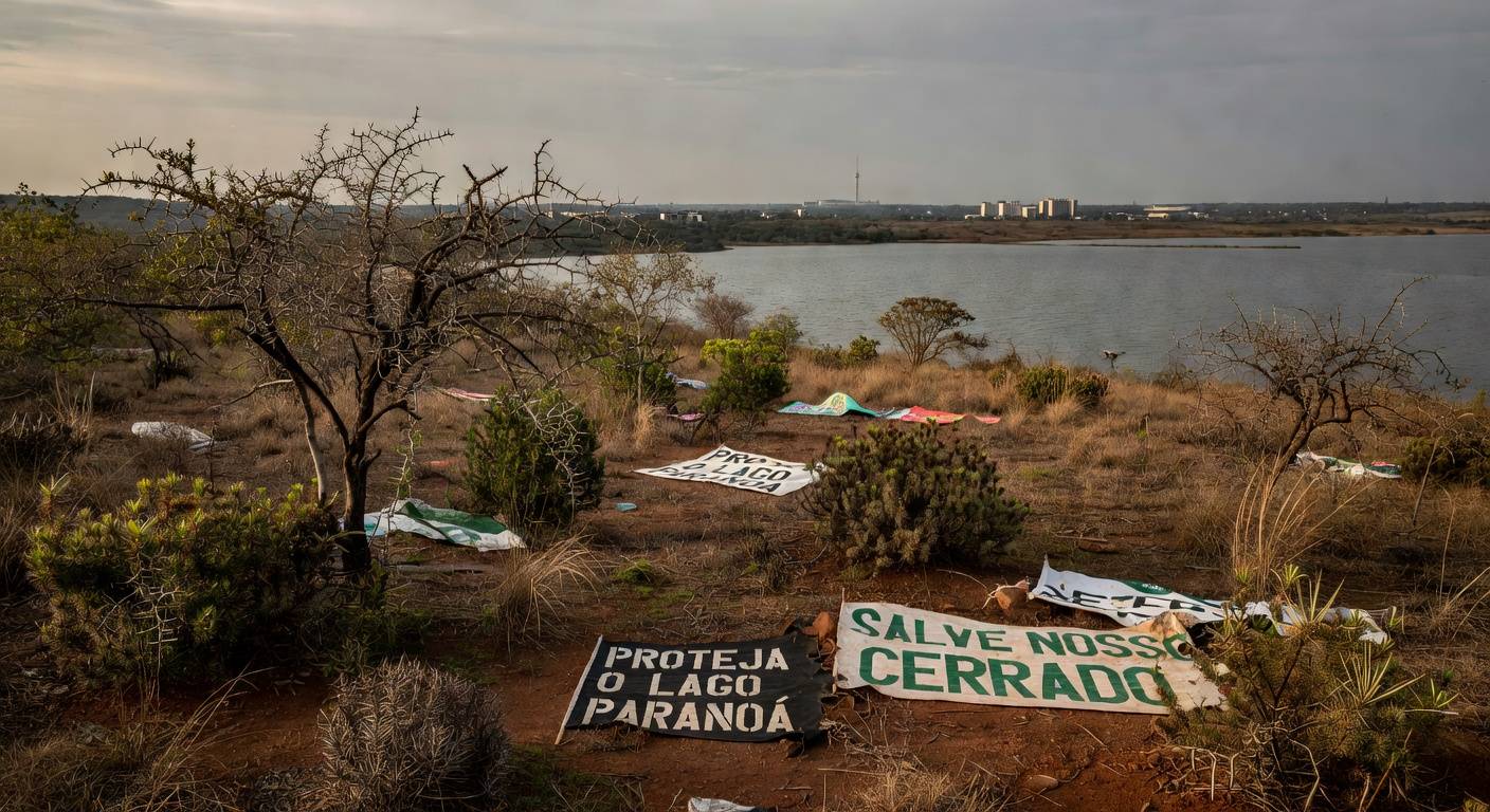 Paisagem da Serrinha do Paranoá com faixas de protesto ambiental, em Brasília, após aprovação da CLDF para capitalização do BRB.