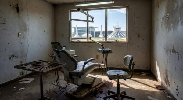 Clínica odontológica pública em Brasília com equipamentos desgastados, expondo falhas no apoio à saúde bucal pela CLDF e CRO-DF.