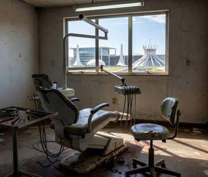 Clínica odontológica pública em Brasília com equipamentos desgastados, expondo falhas no apoio à saúde bucal pela CLDF e CRO-DF.