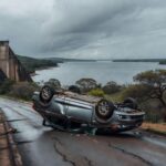 Carro capotado na barragem do Lago Paranoá em Brasília, com águas do lago ao fundo e vegetação do cerrado.