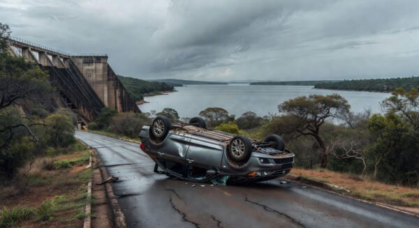 Carro capotado na barragem do Lago Paranoá em Brasília, com águas do lago ao fundo e vegetação do cerrado.
