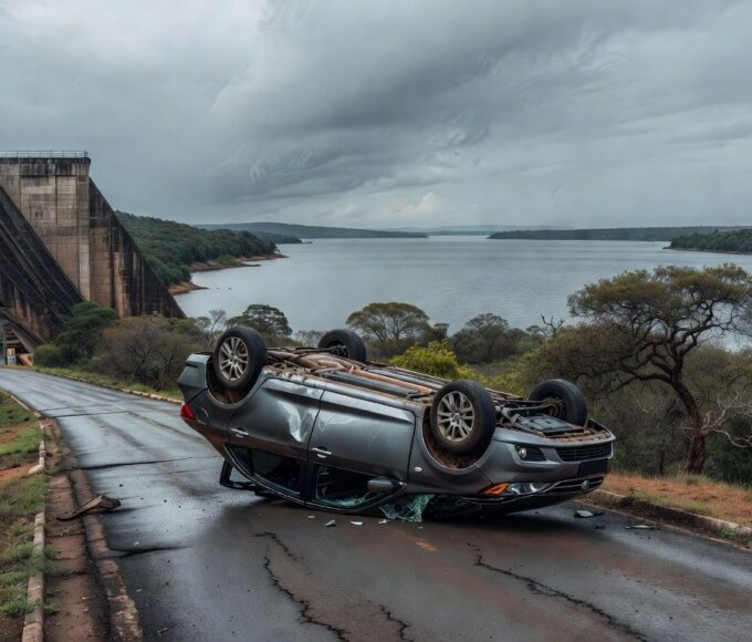 Carro capotado na barragem do Lago Paranoá em Brasília, com águas do lago ao fundo e vegetação do cerrado.