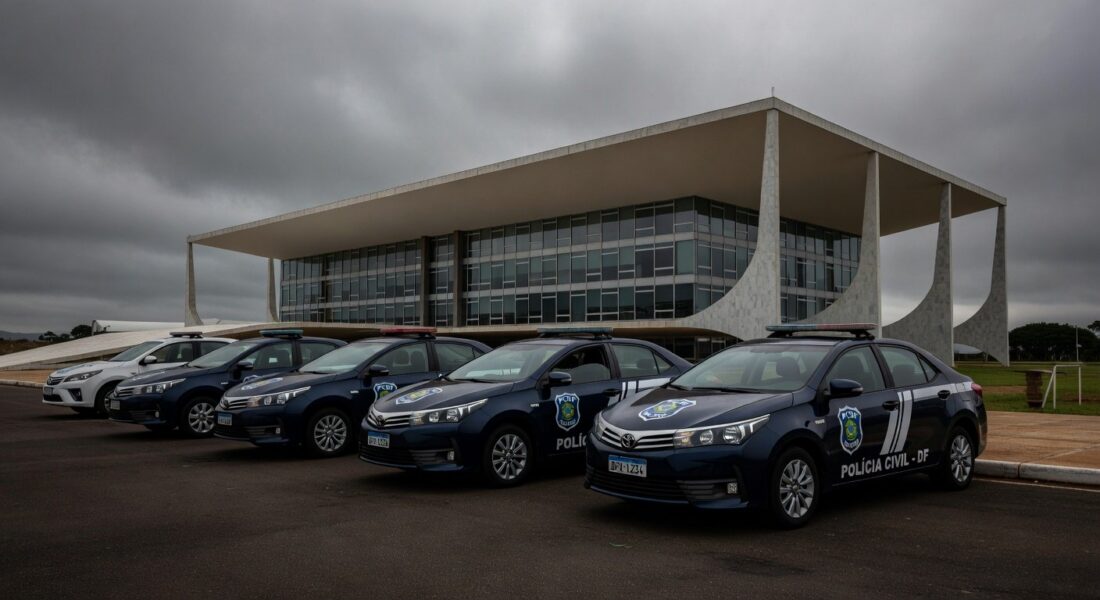 Viaturas da Polícia Civil do DF em frente à Câmara Legislativa, representando apoio a projeto de previdência e denúncias de falhas no sistema.
