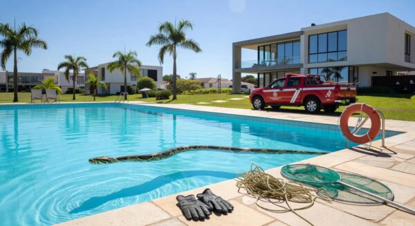 Jibóia em piscina residencial no Paranoá, com viatura de bombeiros ao fundo para resgate.