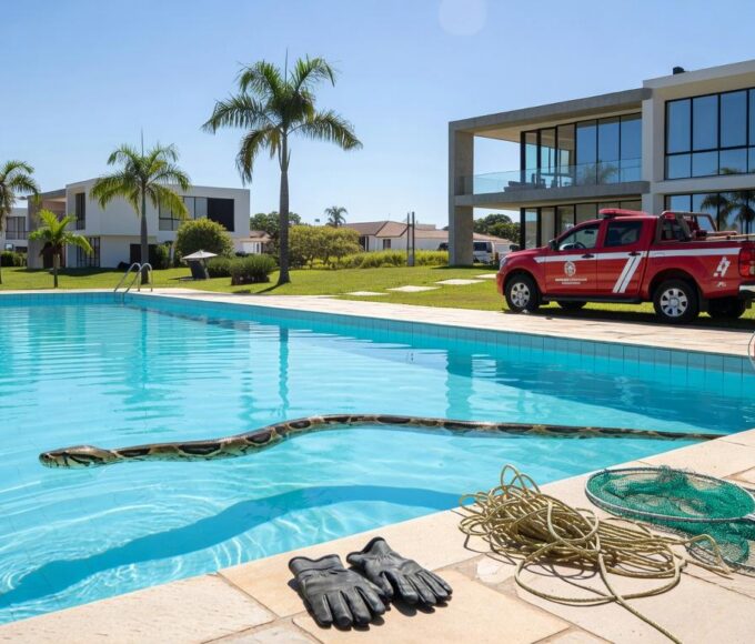 Jibóia em piscina residencial no Paranoá, com viatura de bombeiros ao fundo para resgate.