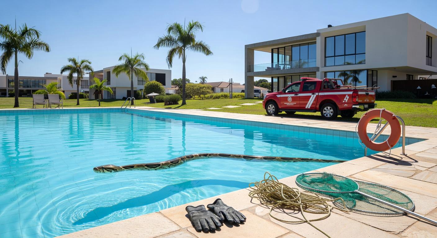 Jibóia em piscina residencial no Paranoá, com viatura de bombeiros ao fundo para resgate.
