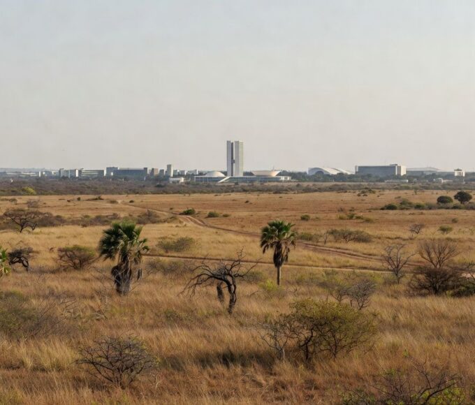 Vista de gleba de terra em Brasília prevista para 35 mil moradores, terreno de garantia para capitalização do BRB.