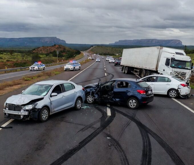 Cena de acidente com quatro veículos na rodovia DF-150 em Sobradinho, Distrito Federal, com viaturas da polícia presentes.