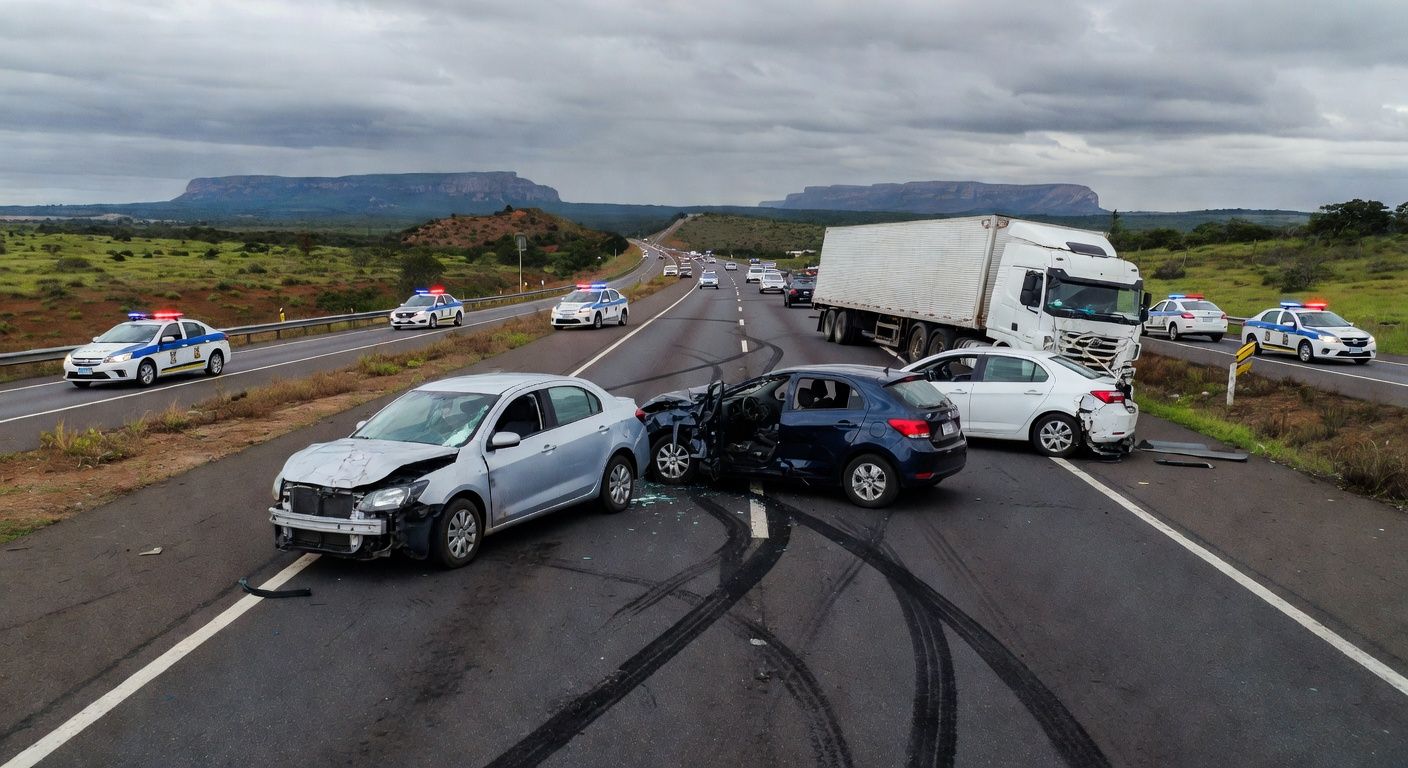 Cena de acidente com quatro veículos na rodovia DF-150 em Sobradinho, Distrito Federal, com viaturas da polícia presentes.