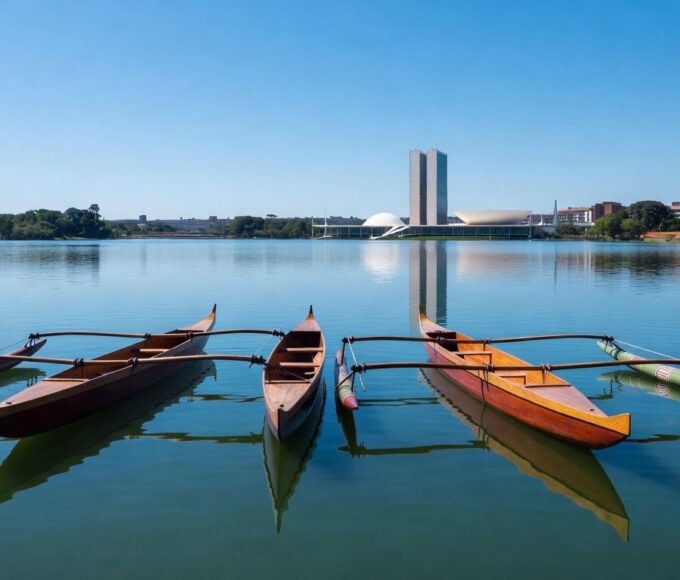 Canoas Va'a no Lago Paranoá durante Campeonato Brasileiro em Brasília, com skyline da cidade ao fundo.