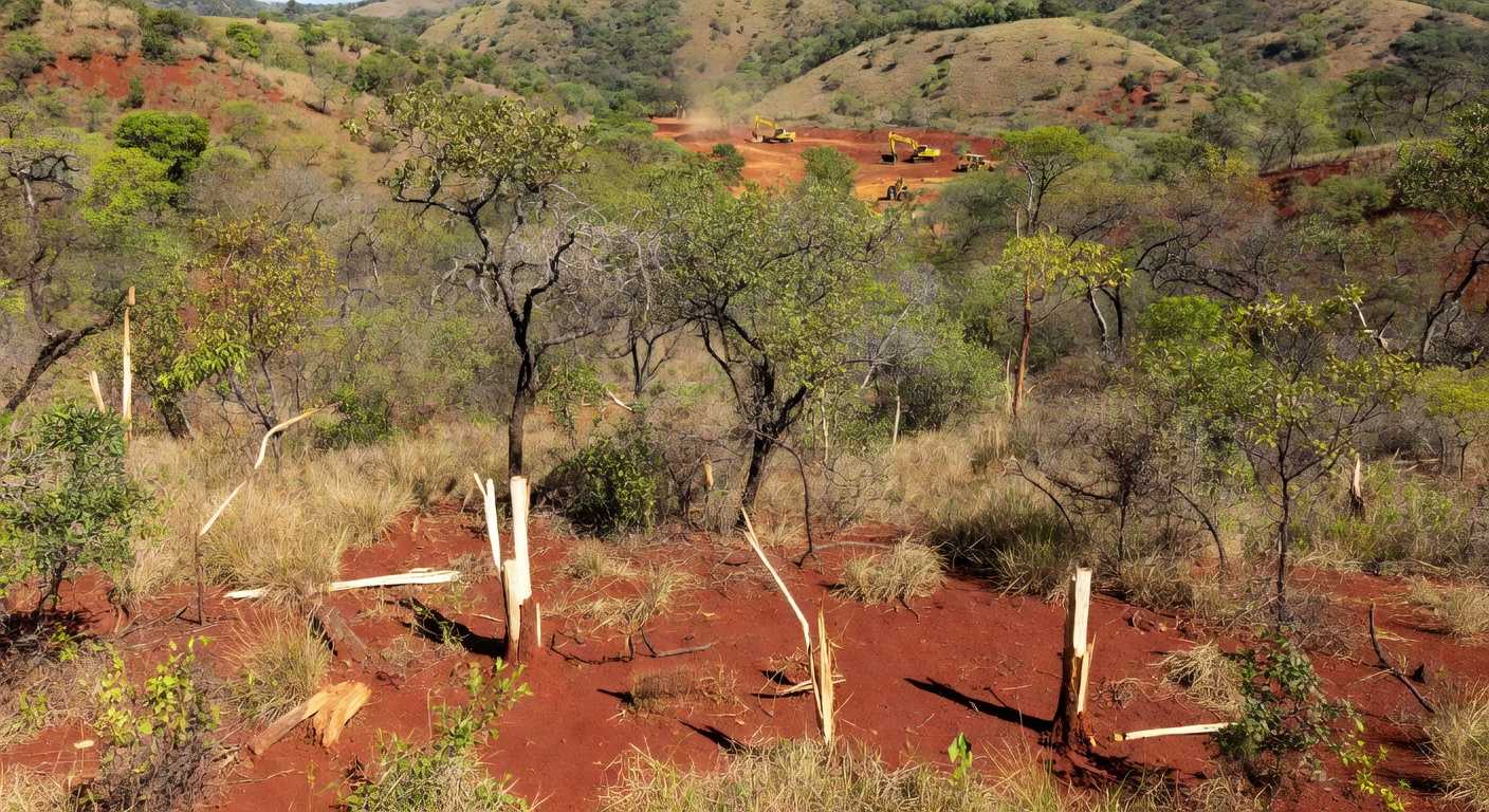 Paisagem da Serrinha no Paranoá ameaçada por desmatamento, com mata nativa do Cerrado e sinais de corte de árvores.