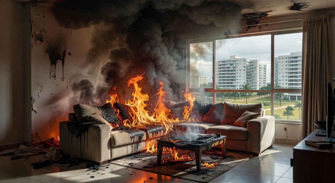 Móvel em chamas após discussão familiar no Distrito Federal, foto realista de incêndio residencial.