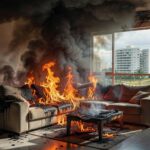 Móvel em chamas após discussão familiar no Distrito Federal, foto realista de incêndio residencial.