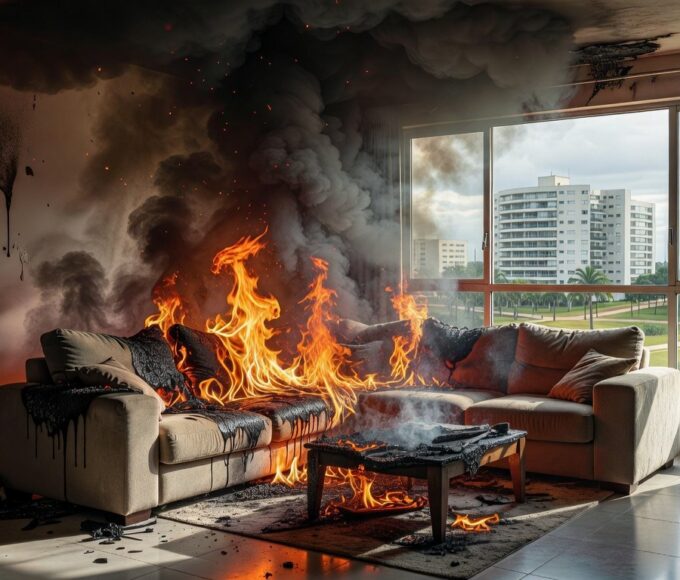 Móvel em chamas após discussão familiar no Distrito Federal, foto realista de incêndio residencial.