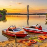 Barcos de bombeiros no Lago Paranoá durante operação de busca em Brasília.