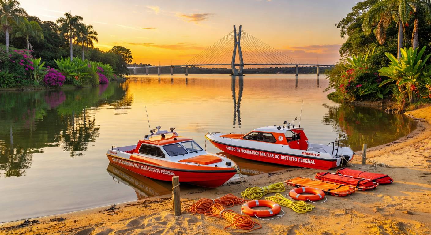Barcos de bombeiros no Lago Paranoá durante operação de busca em Brasília.