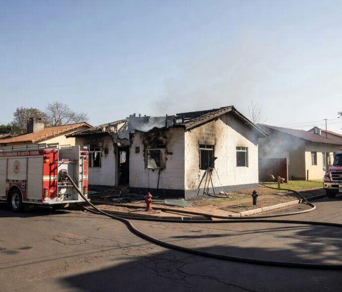 Casa danificada por incêndio no Paranoá, com viaturas de bombeiros controlando o fogo sem vítimas.